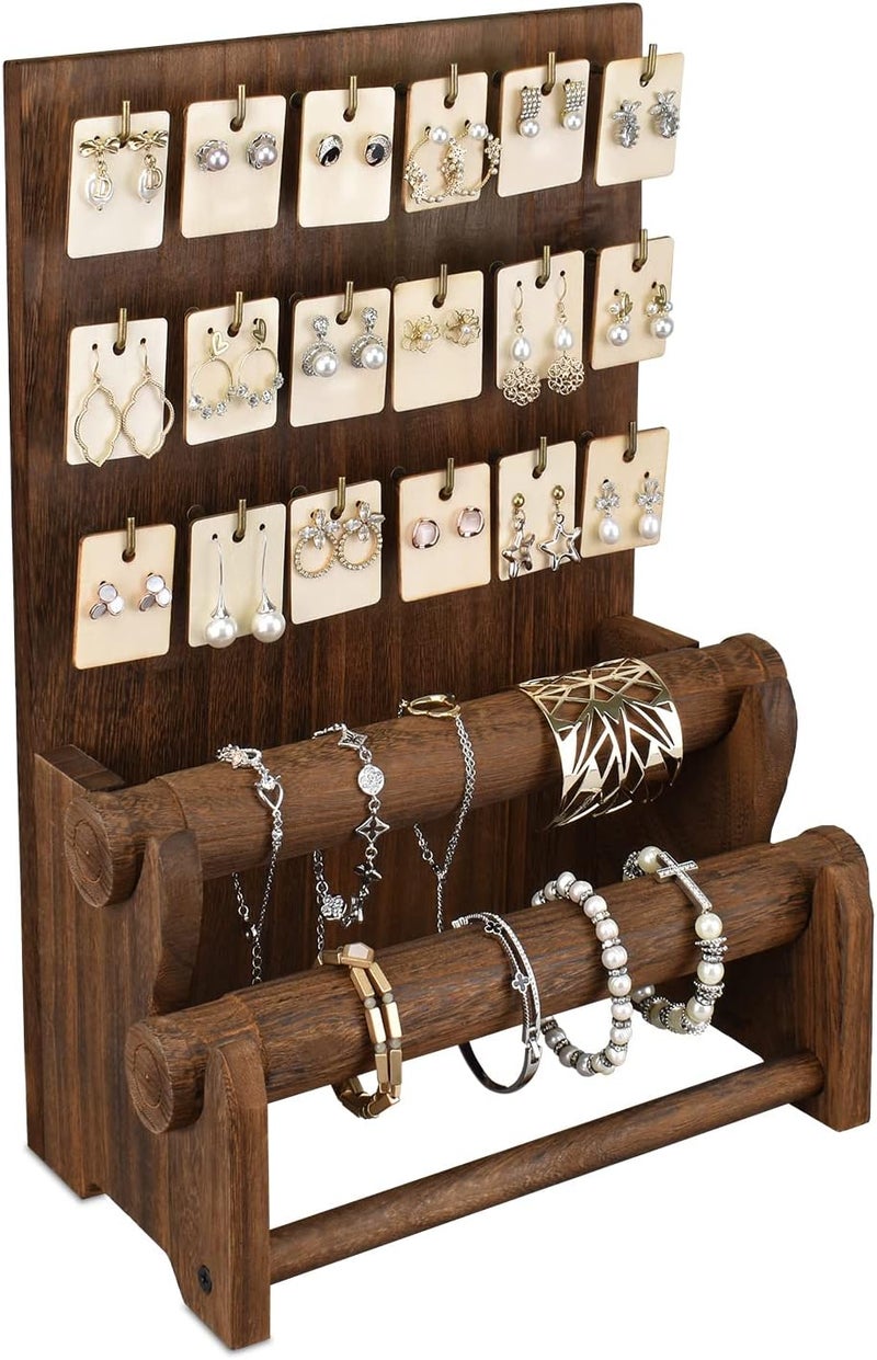 Ikee Design 18 Hooks and 2 Removable Bars Wood Jewelry Holder Organizer Stand, Earring Bracelet Jewelry Display Stand Organizer, Necklace Bracelet Holder, Brown Color - Image 1